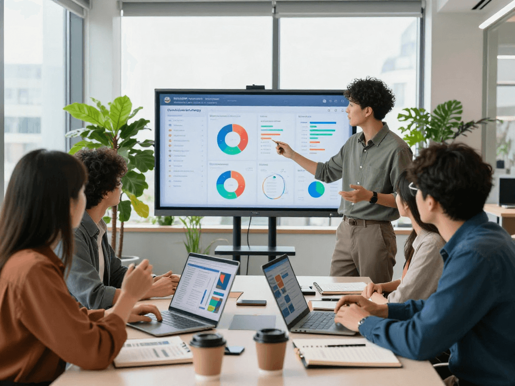 Reunião de marketing multicanais com equipe diversa discutindo estratégias em escritório moderno.