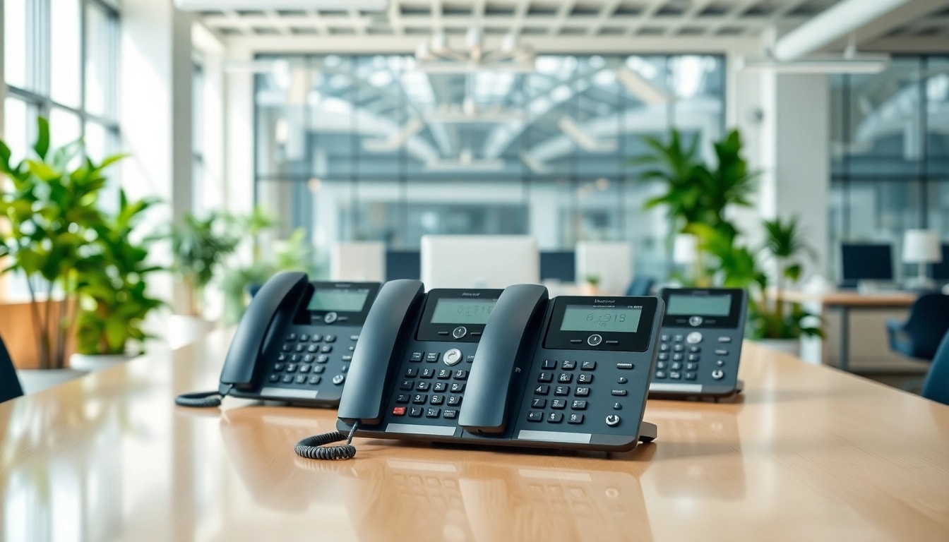 Showcase efficient office phone systems in a modern workspace with sleek designs.