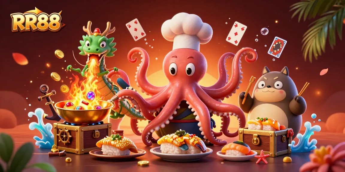 Experience RR88's thrilling casino adventures with a vibrant cartoon scene featuring engaging characters and dynamic game elements.