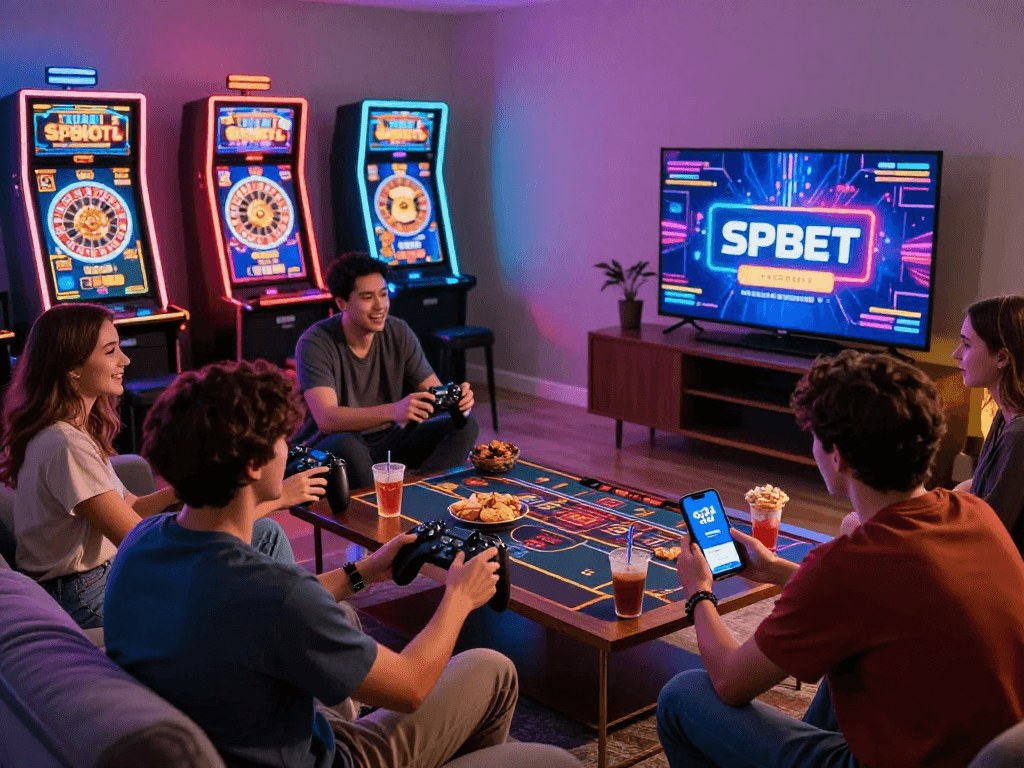 Grupo de amigos jogando na SPBET, ambientes modernos e aconchegantes com pagamento via PIX.