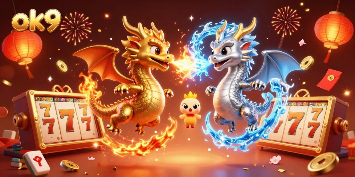 Spin to win with ok9 in a vibrant casino scene featuring gold and silver dragons amidst fireworks and gaming symbols.