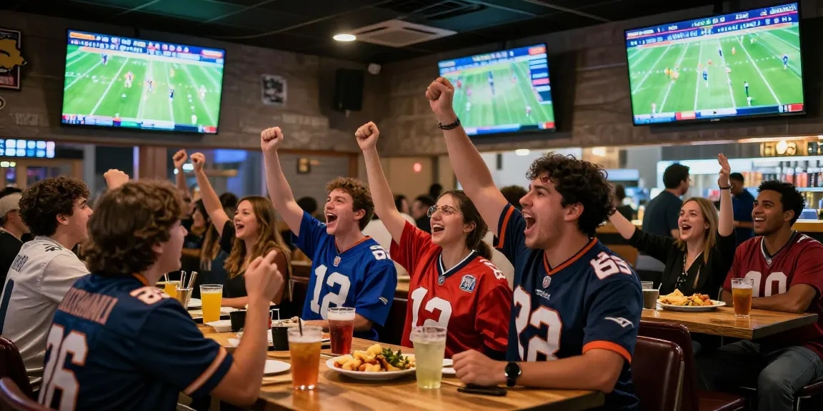 Excited fans enjoying live football matches on multicanais at a sports bar.