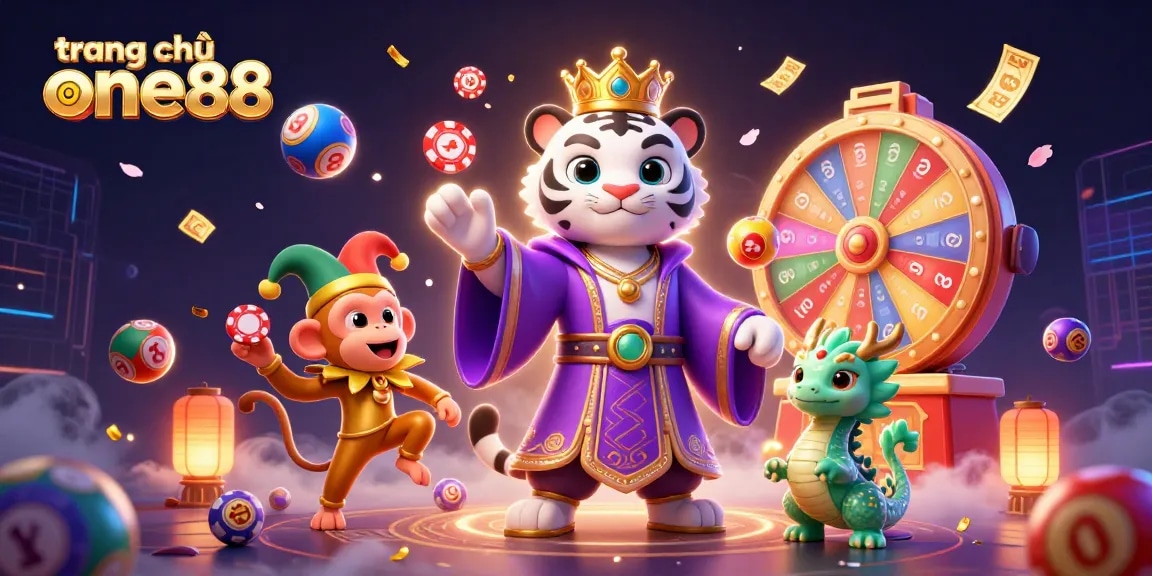 Engage with the vibrant scene at trang chủ one88 featuring a white tiger and a jester monkey in a casino atmosphere.