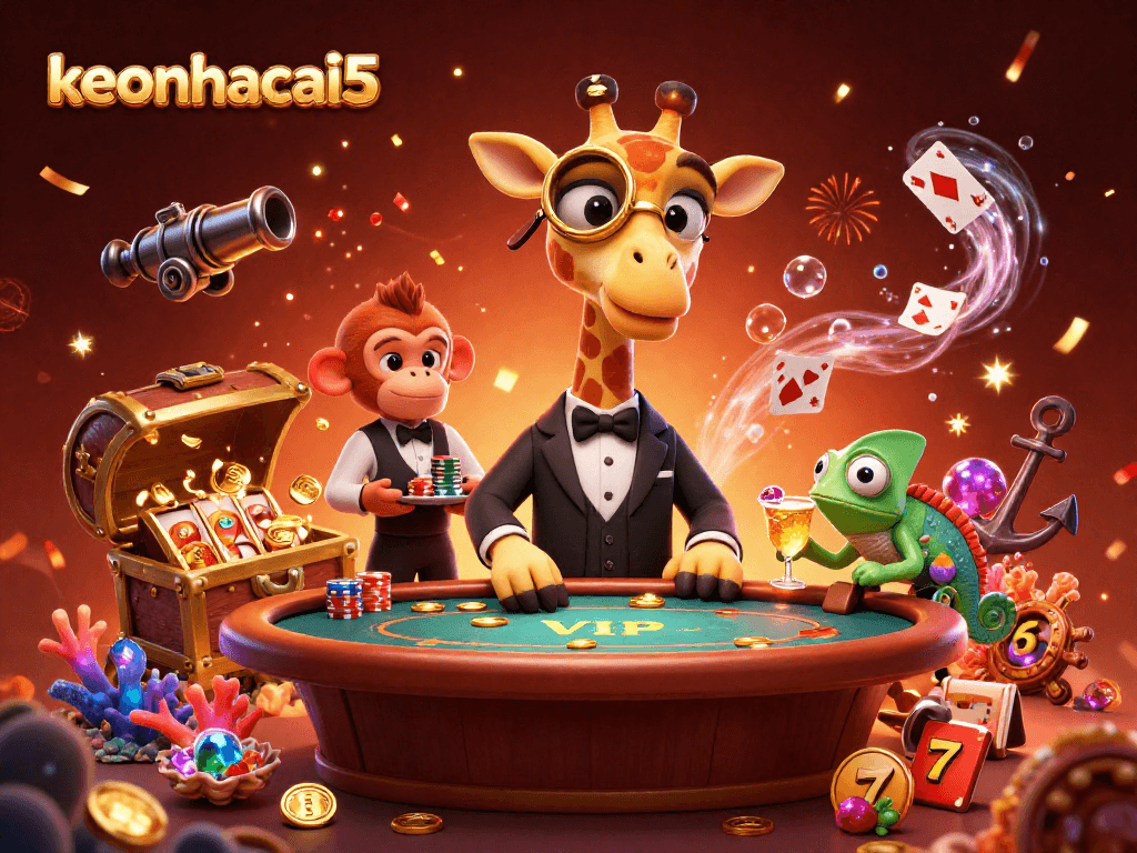 Join the fun at keonhacai5 with a high-roller giraffe and poker action in a vibrant casino scene.