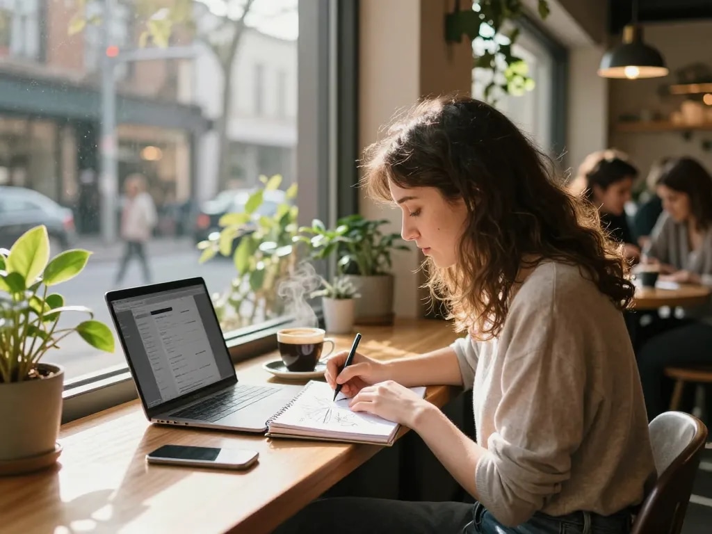 Young woman with a crush on someone sketching at a cozy café.