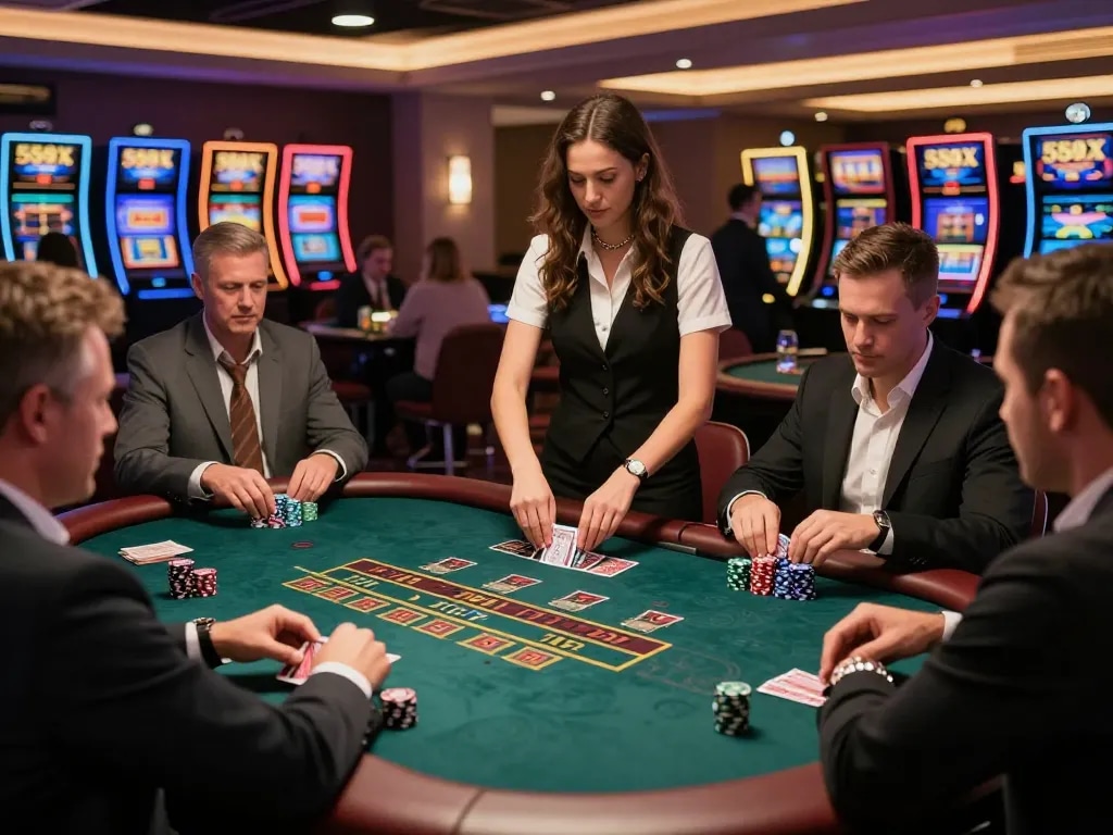 Experience the thrill of Jogo 559X at a live dealer blackjack table, where players engage in strategic gameplay.