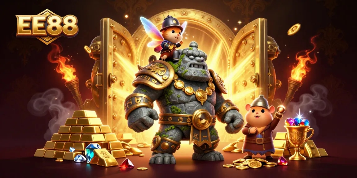 Experience thrilling gameplay at EE88 with our magical illustration featuring a golem, fairy, and hamster knight.