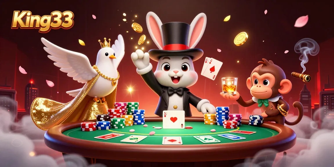 Engage with King33's thrilling atmosphere as a magician rabbit unveils golden coins amidst a vibrant poker scene.