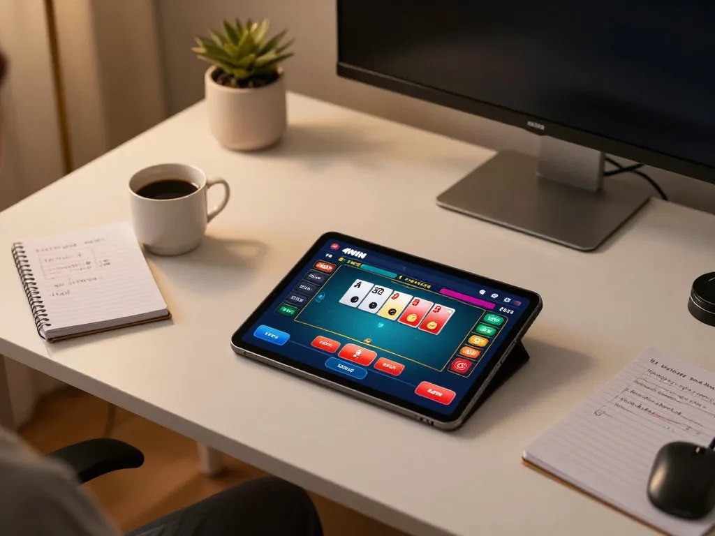 Playing poker on 40WIN's online platform while managing betting strategies in a cozy home setting