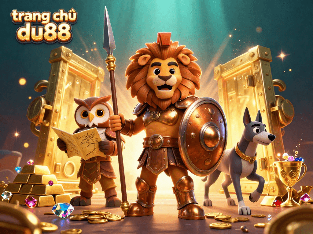 Experience the thrilling world of trang chủ du88 with this vibrant 3D casino-themed illustration showcasing epic characters and treasures.
