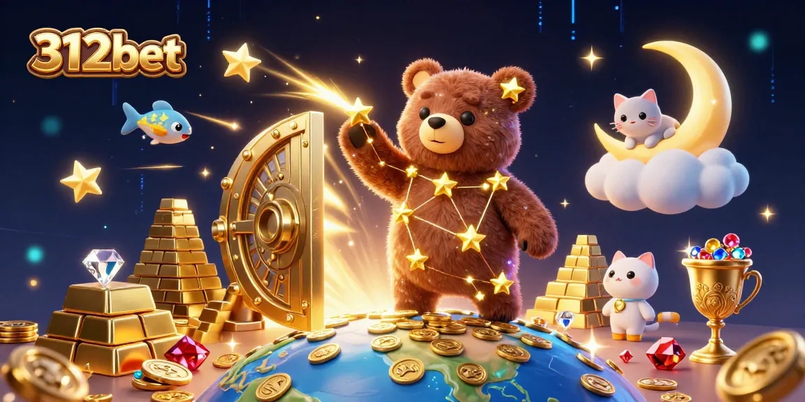 Engage with 312bet and immerse yourself in vibrant slots casino action, featuring golden stars and rich treasures.