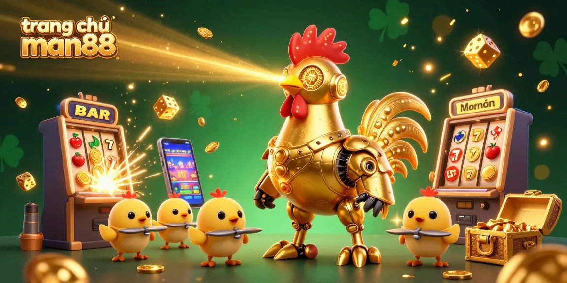 Experience the excitement on trang chủ man88 with golden rooster robot, slots, and vibrant casino elements.