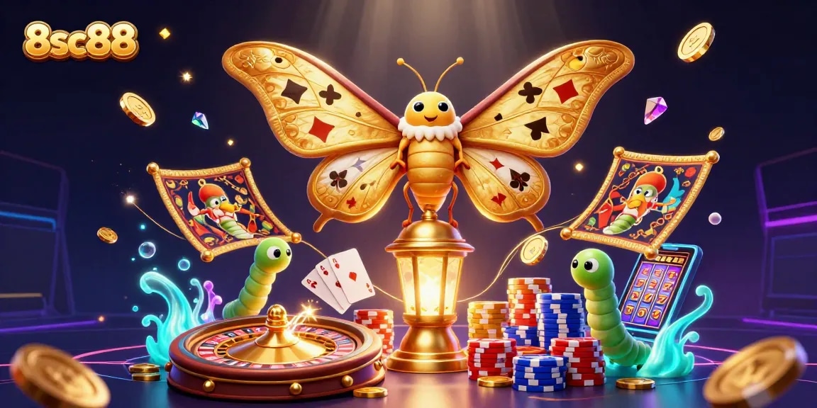 Experience the excitement of 8sc88 with golden wings and casino treasures amidst vibrant game scenes.