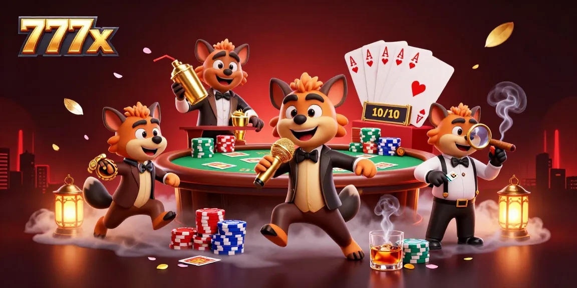 Join the 777x comedy casino scene with hyenas enjoying poker, drinks, and live entertainment.