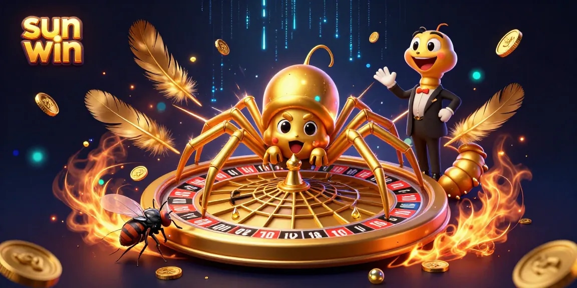 Experience the thrill of sun win with a golden spider spinning a roulette wheel web in this vibrant casino scene.