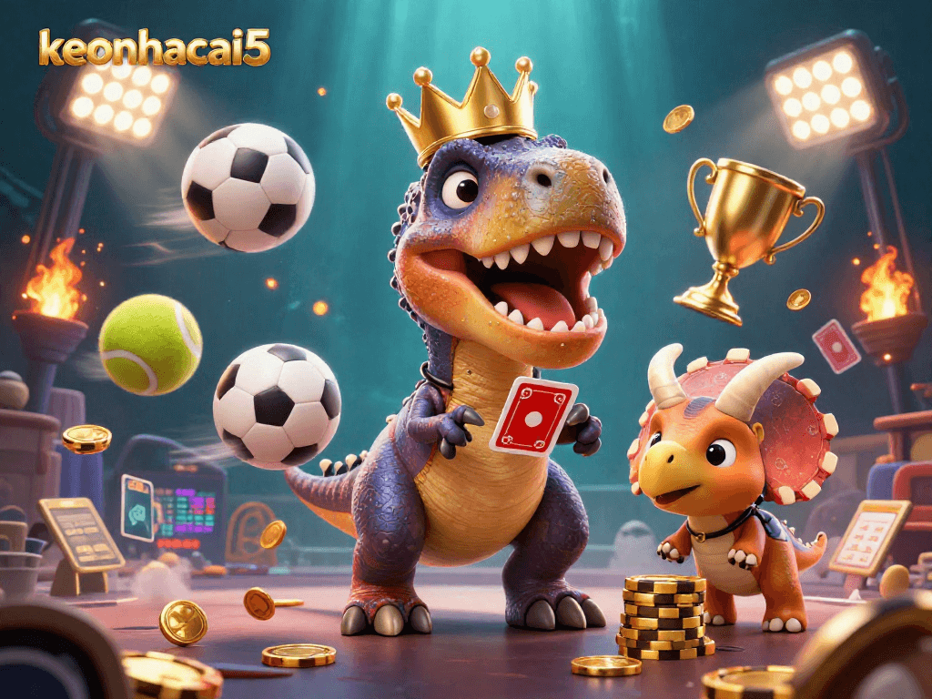 Engage in immersive fun with keonhacai5, featuring a T-Rex shuffling cards surrounded by vibrant casino elements.