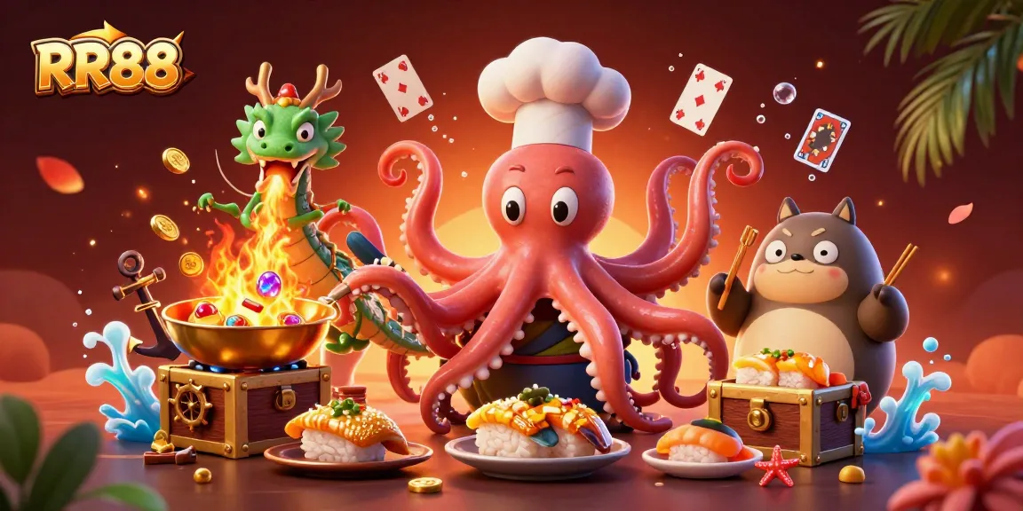Experience RR88's thrilling casino adventures with a vibrant cartoon scene featuring engaging characters and dynamic game elements.
