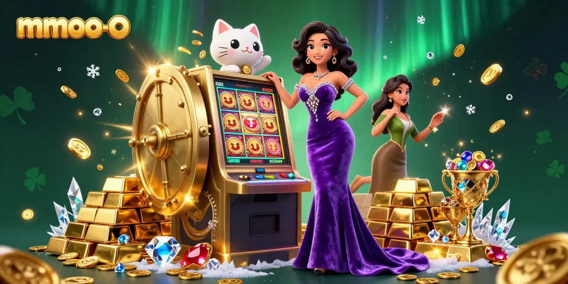 Experience the excitement of mmoo-o with a jackpot slot scene featuring a stylish woman and fortune cat.