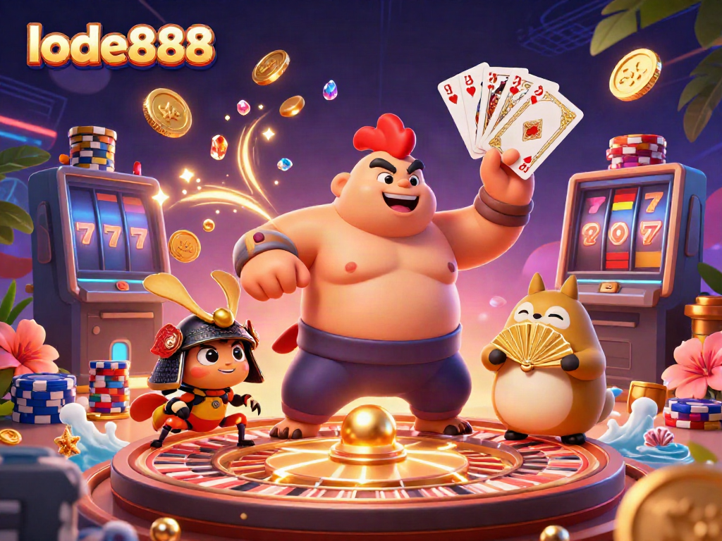 Experience the vibrant excitement of lode888 with a dynamic 3D illustration featuring gaming elements.