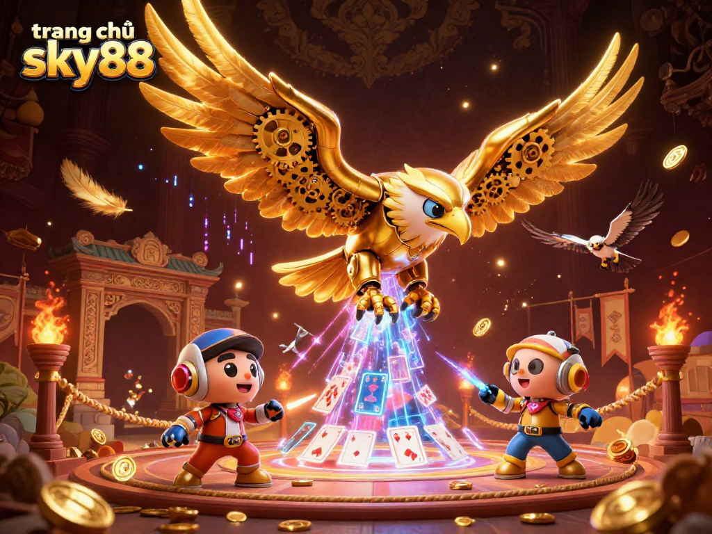 Experience excitement on trang chủ sky88 with a dynamic casino-themed 3D illustration of a cybernetic golden eagle.