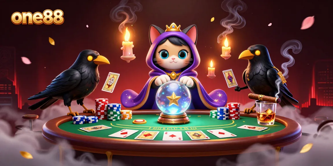 Experience the magic of one88 with a mystical cat and raven at a vibrant poker scene.