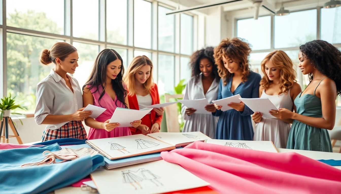 Collaborative team of designers at a clothes manufacturer creating unique skirt designs.