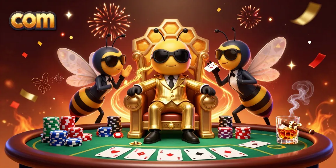 Winning at poker with com-themed characters in a vibrant casino scene filled with action.