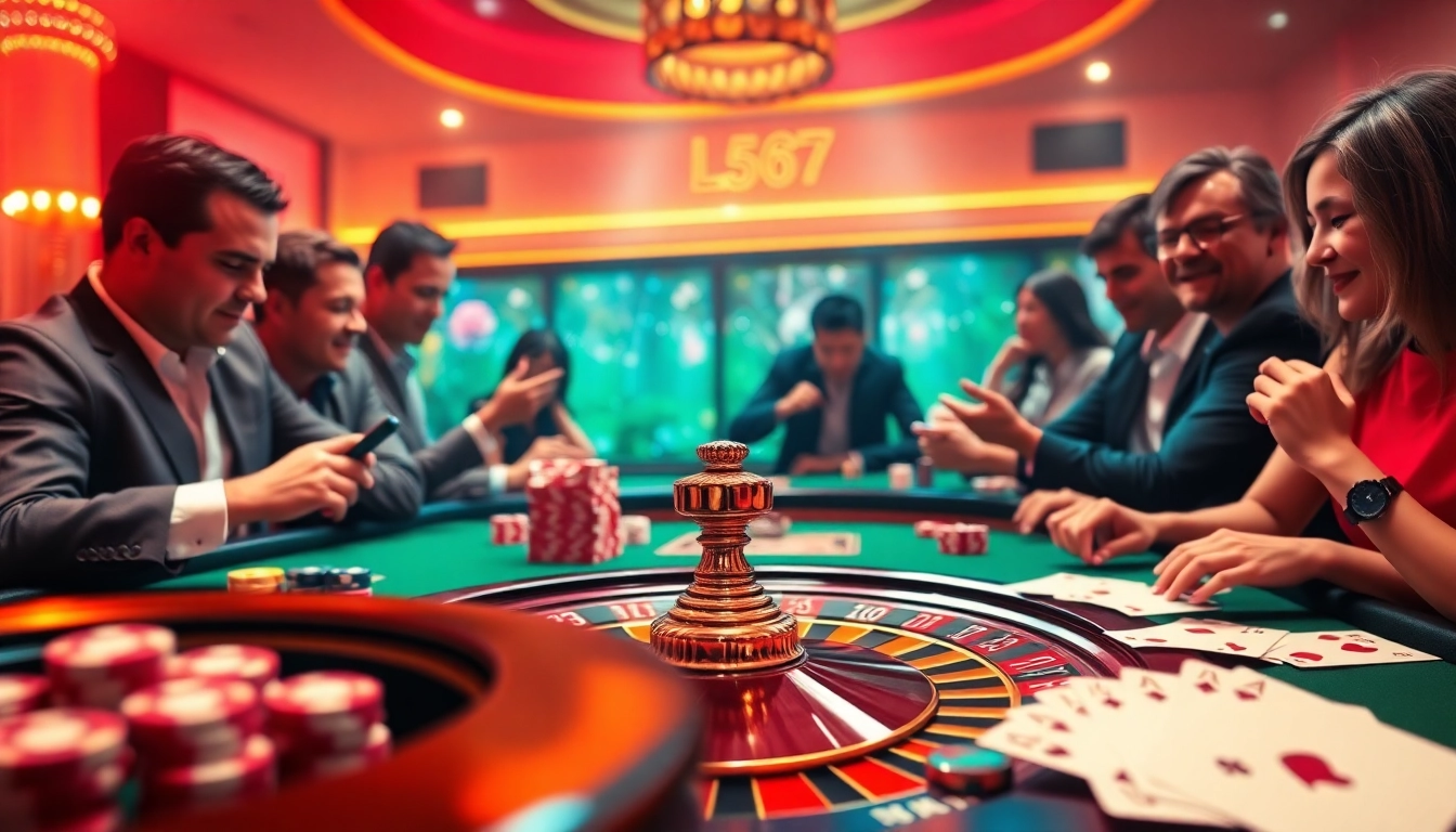 L567 casino table with roulette wheel, poker chips, and engaged players enjoying gambling.