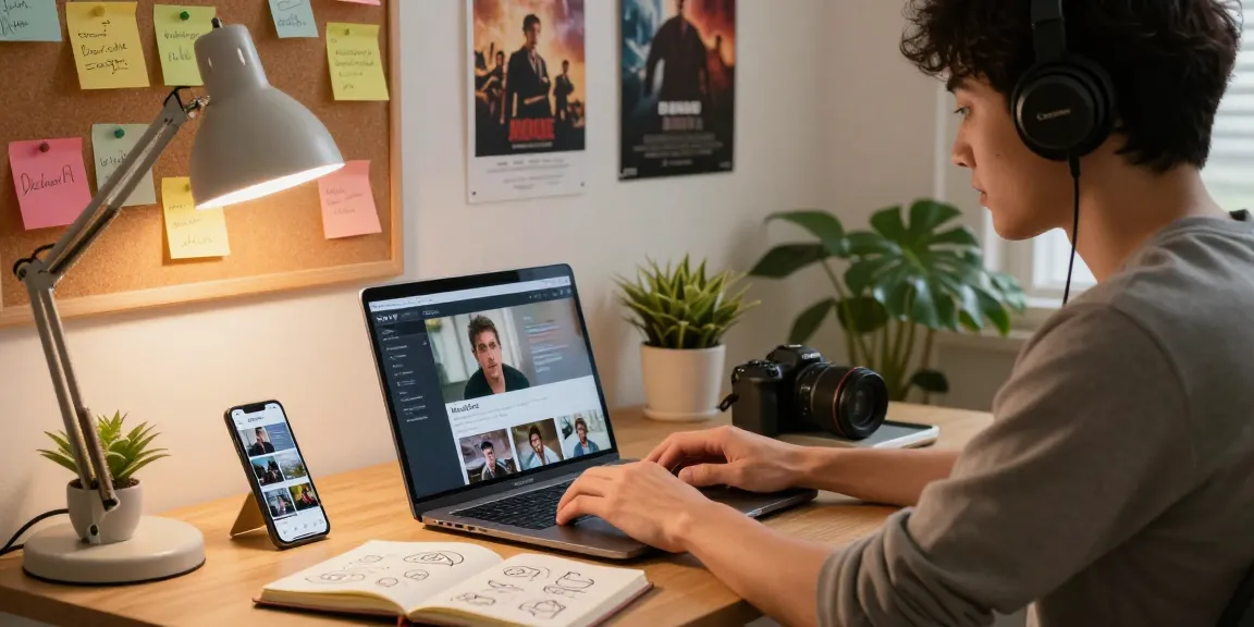 Vídeos por no grátis para baixar em um ambiente de home office moderno com um laptop e acessórios criativos.