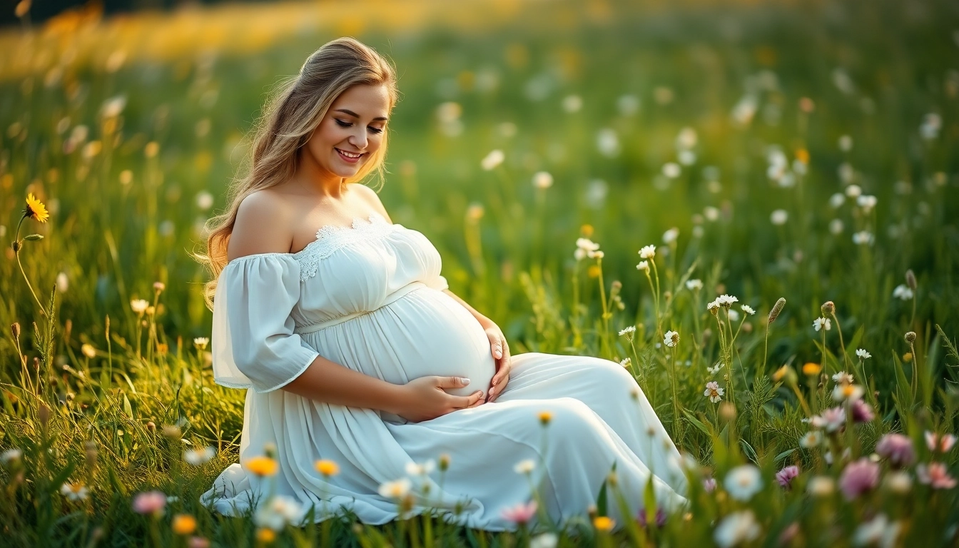 Joyful Babybauch Fotoshooting in a sunlit meadow with a radiant expectant mother.