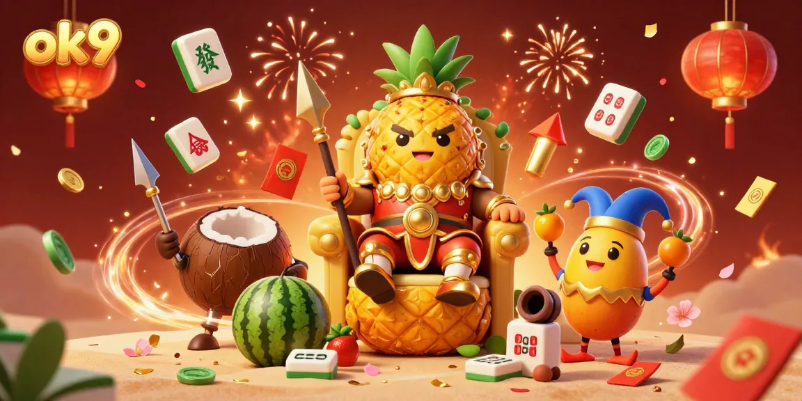 Engage with ok9's vibrant beach casino scene featuring a pineapple king surrounded by colorful festive elements and 3D game symbols.