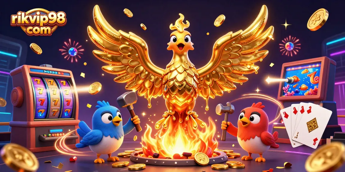 Play exciting games on rikvip98 com with a vibrant 3D phoenix representing fortune and wins.