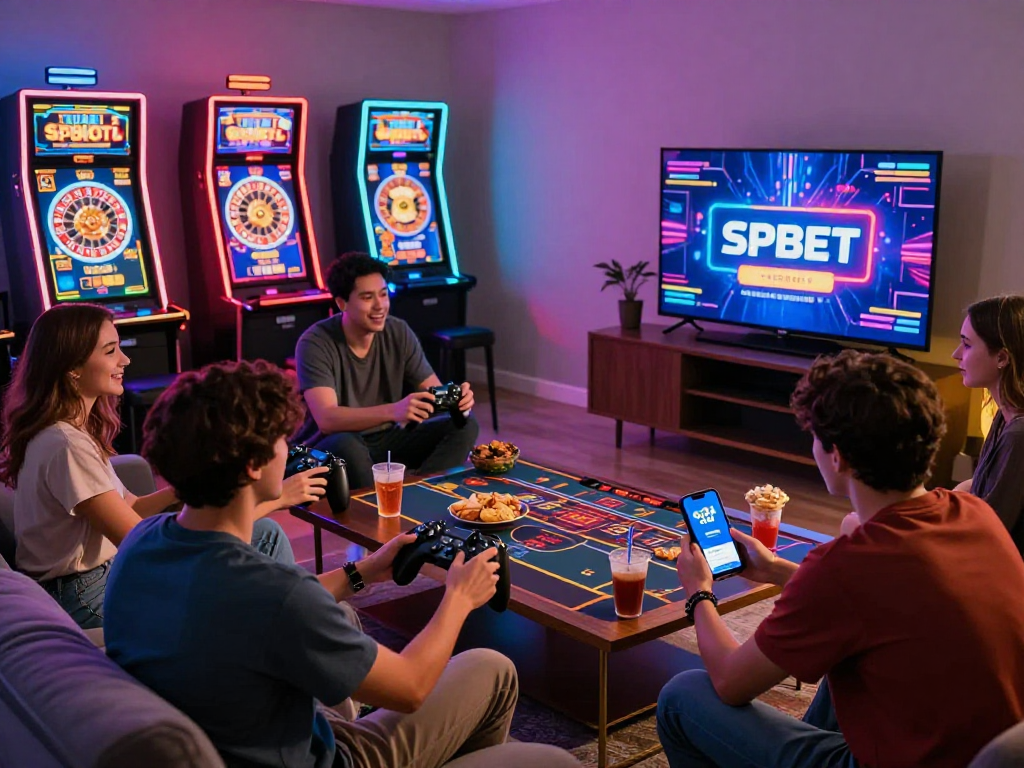 Grupo de amigos jogando na SPBET, ambientes modernos e aconchegantes com pagamento via PIX.
