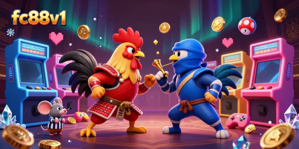 Watch twin roosters in samurai armor and ninja gear face off in an intense battle for fc88v1.
