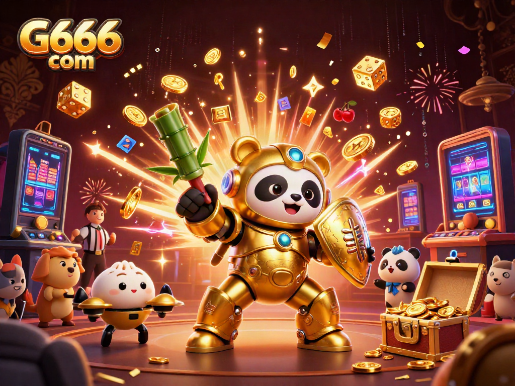 Engage with G666 com's dynamic casino scene featuring a golden panda mech in action.