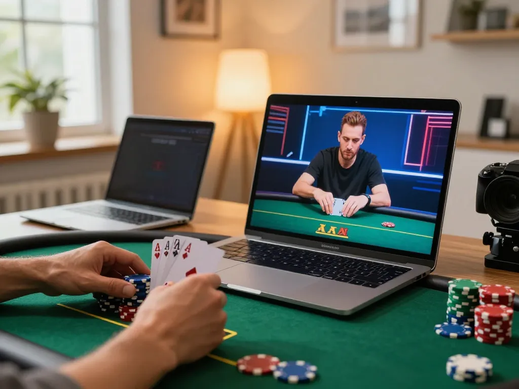 Engaged player strategizing at tg88k online poker table during home gaming session