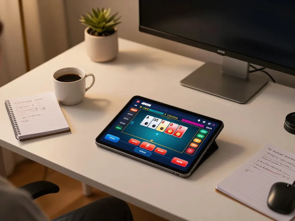 Playing poker on 40WIN's online platform while managing betting strategies in a cozy home setting