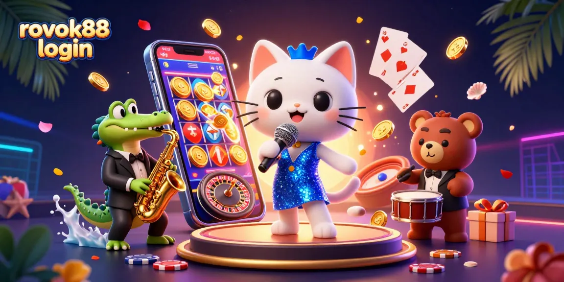 Experience thrilling gameplay with rokok88 login featuring a jazz-singer cat on stage surrounded by casino elements.