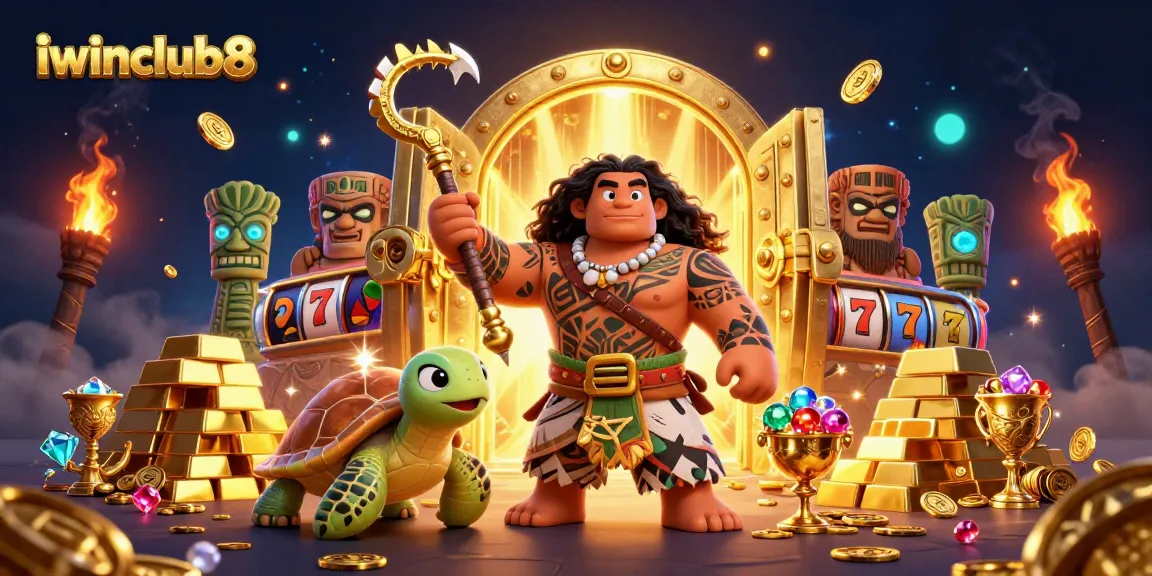 Experience exciting wins at iwinclub8 with a vibrant casino scene featuring a demigod hawk, treasures, and slot elements.