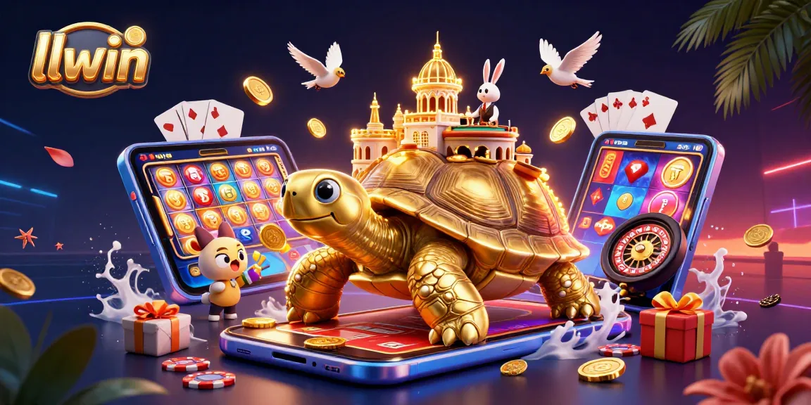 Experience winning at llwin with a vibrant, dynamic casino scene featuring golden tortoise and rabbit dealer.
