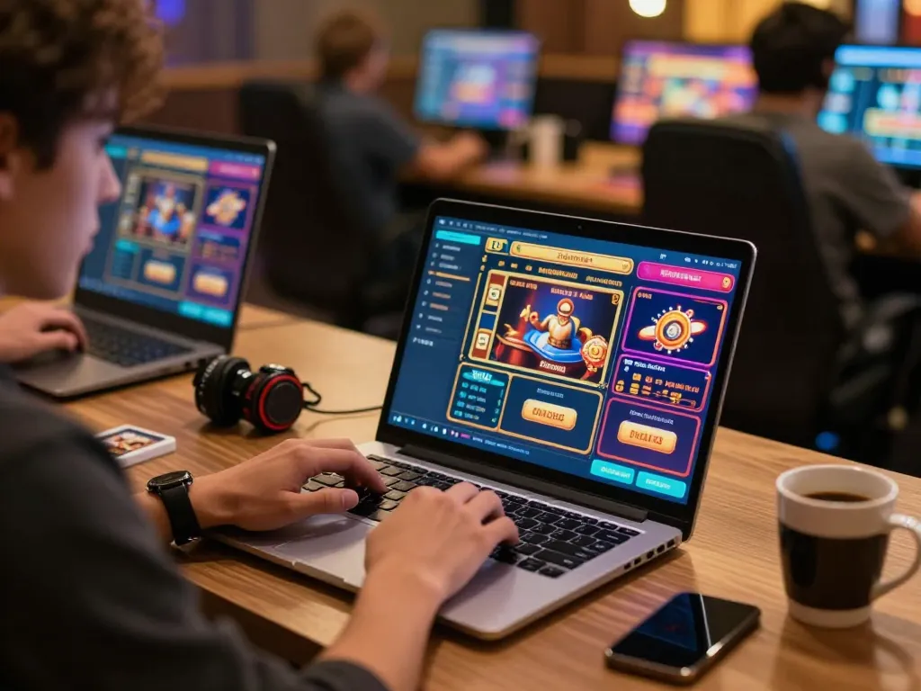 Players engaging with the 27G online casino platform on their laptops, showcasing an exciting gaming atmosphere.