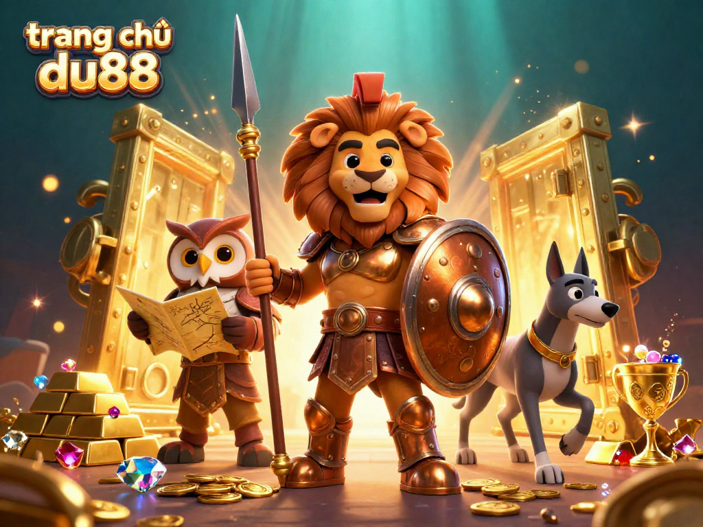 Experience the thrilling world of trang chủ du88 with this vibrant 3D casino-themed illustration showcasing epic characters and treasures.