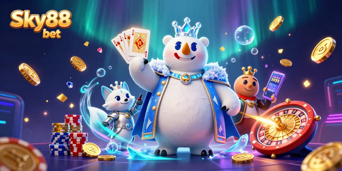 Experience the excitement of Sky88 bet with casino royalty, golden coins, and vibrant casino games.