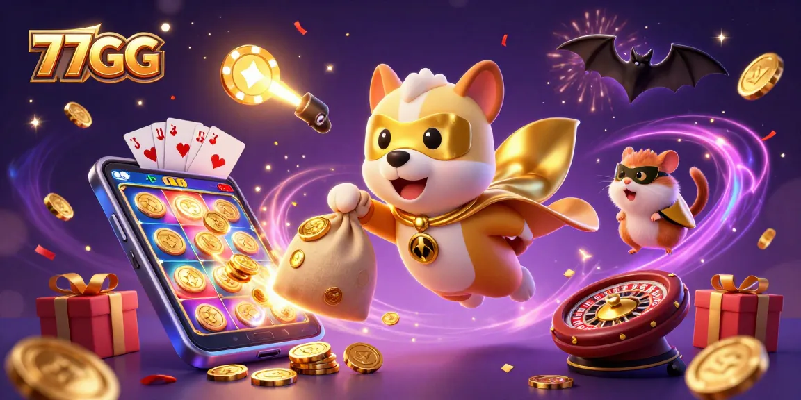 Experience thrilling gaming at 77GG with vibrant 3D characters amidst a packed casino atmosphere.