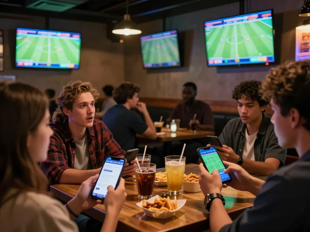 Fans engaging in trang cá cược bóng đá with smartphones at a lively sports bar, watching live games.