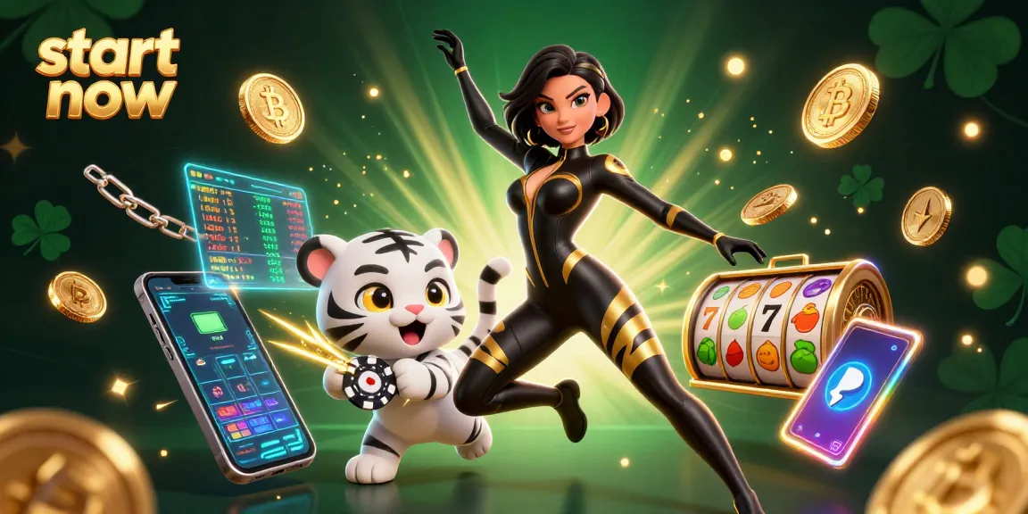 Start now playing slots with a stunning woman and tiger in a vibrant casino scene.