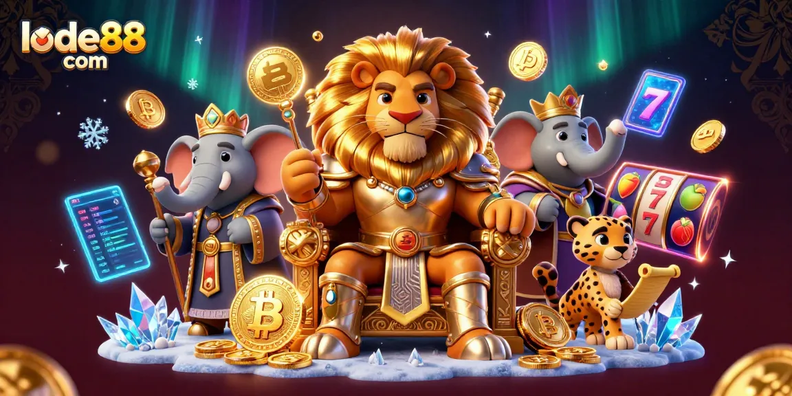 Engage in thrilling slots at lode88 com showcasing a regal lion king with crypto elements.
