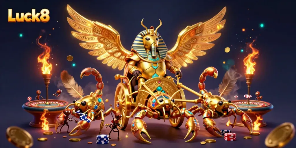 Experience intense action with Luck8 in a vibrant casino scene featuring a golden scarab and scorpions.
