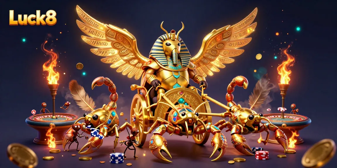 Experience intense action with Luck8 in a vibrant casino scene featuring a golden scarab and scorpions.