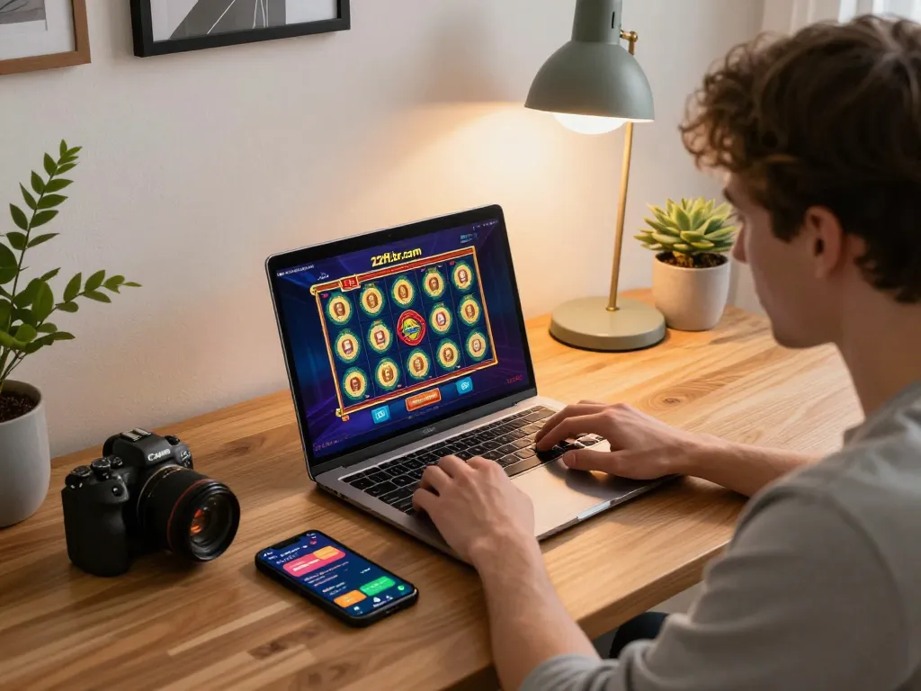 An engaging online casino scene with a user focused on gaming at 22ff.br.com, exploring slots with a laptop and smartphone.